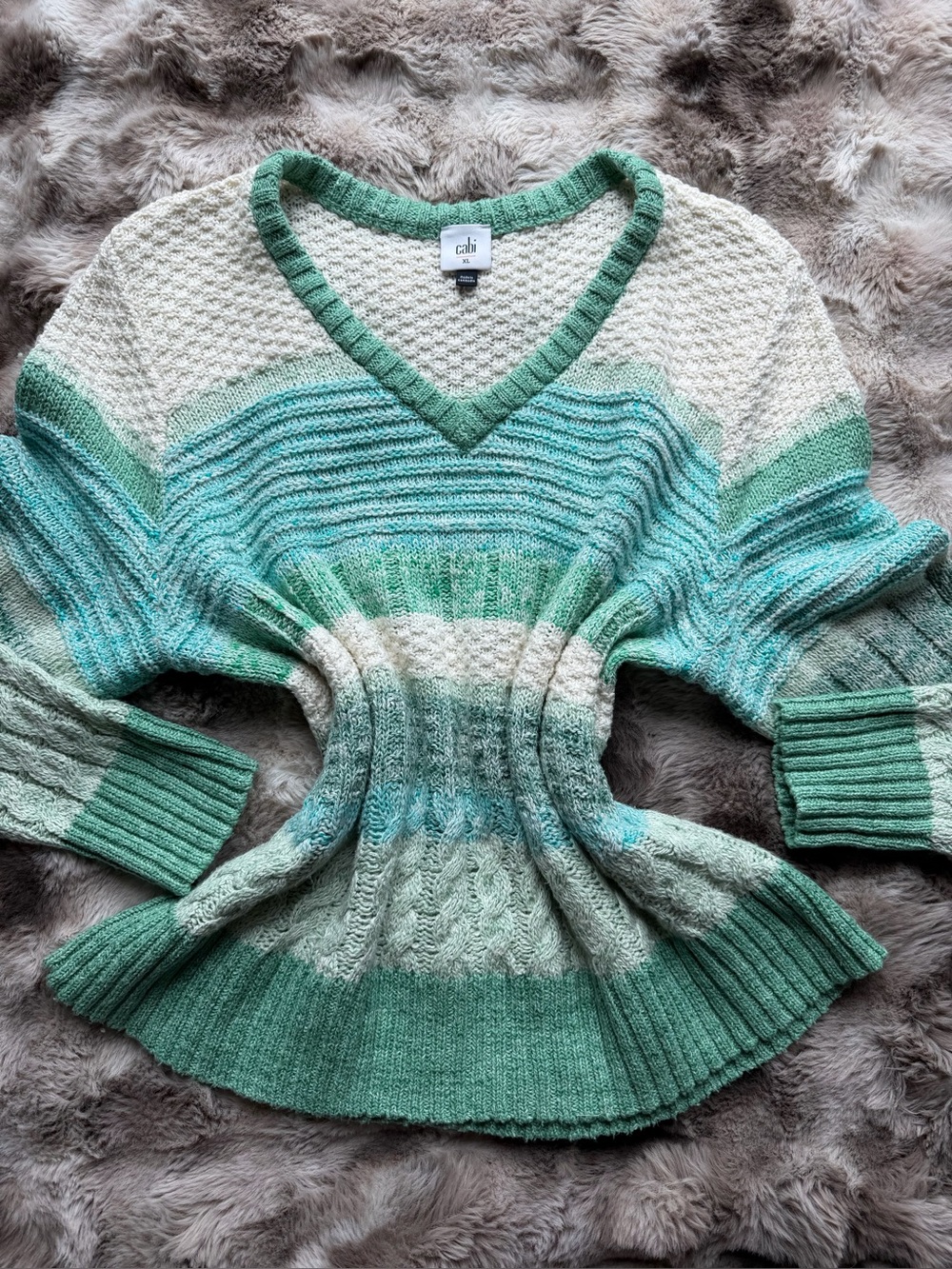Cabi Green & Cream Striped V-Neck Sweater